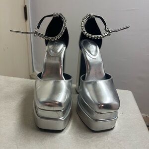 Silver Platform Heels with Rhinestone Ankle Strap